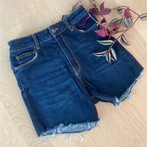 Dark wash distressed denim shorts
